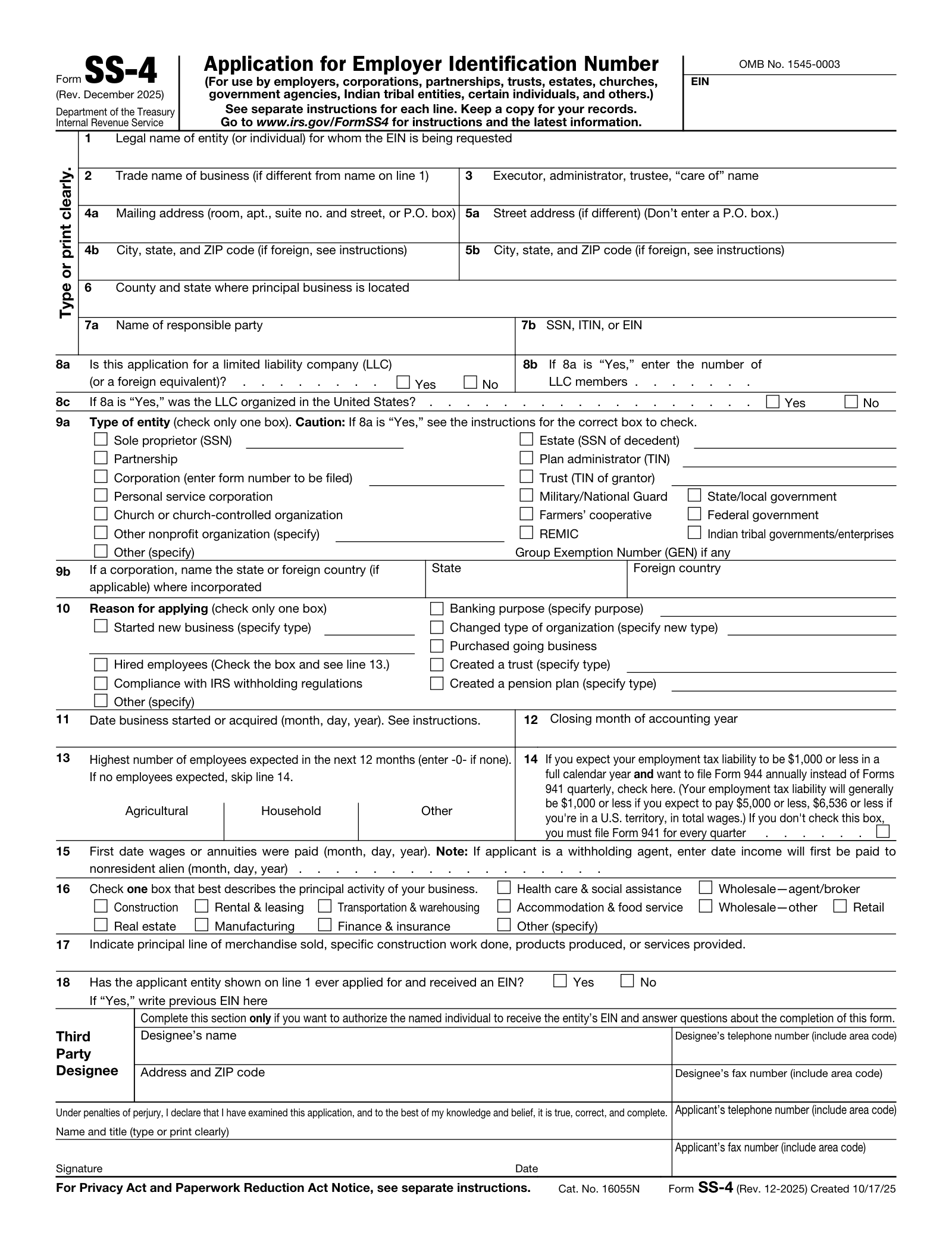 Form SS-4 - official IRS form (Rev. December 2025)