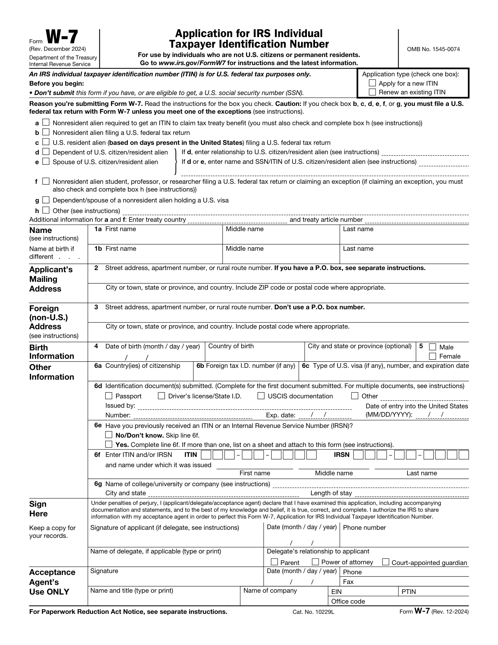 Form W-7 - official IRS ITIN application form
