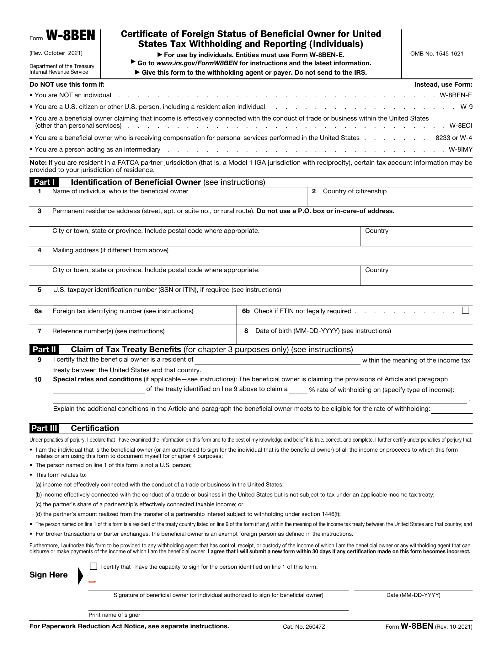 Form W-8BEN - official IRS form (Rev. October 2021)