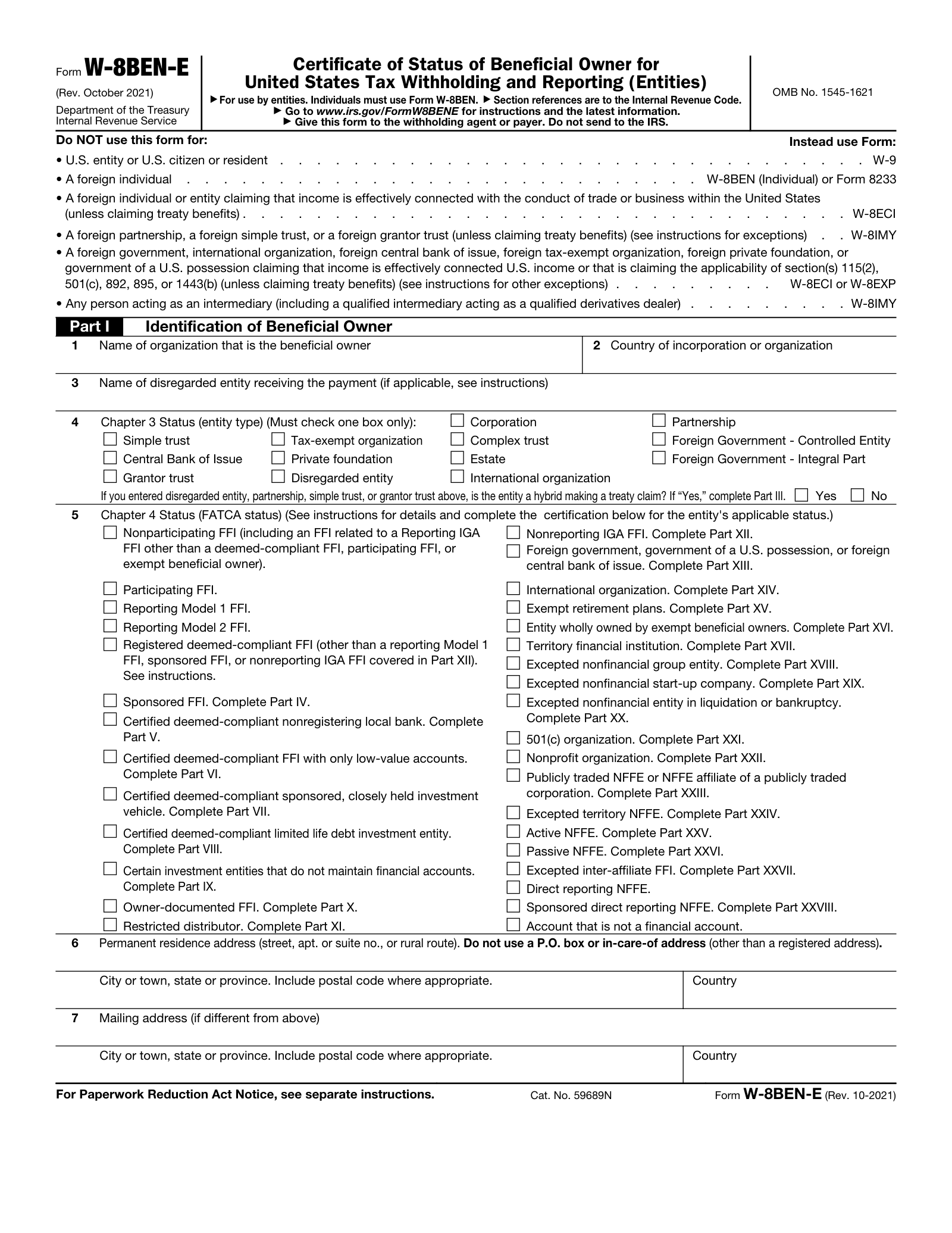Form W-8BEN-E - official IRS form (Rev. October 2021)